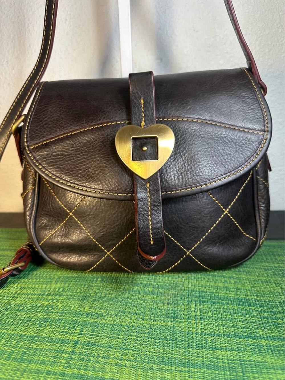 Vintage Dooney & Bourke Quilted Leather Heart Buckle Saddle Bag -RARE